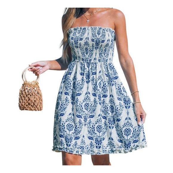 Cupshe Dresses & Skirts - Cupshe Blue & White Damask Mini Tube Dress Size Large